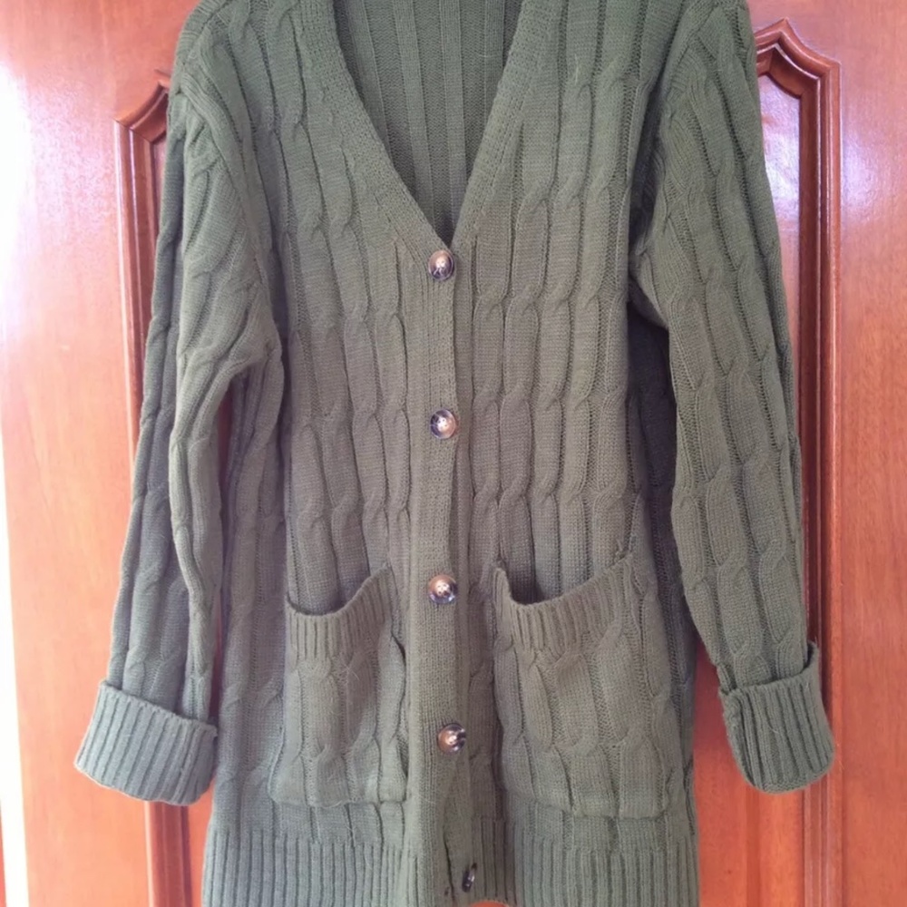 Green Cardigan Button Front Sweater - Pockets - Size Small